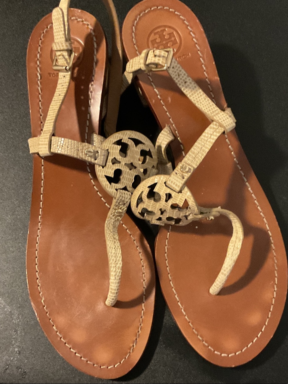 Tory Burch Tan Leather Sandal with Beige Logo Medallion